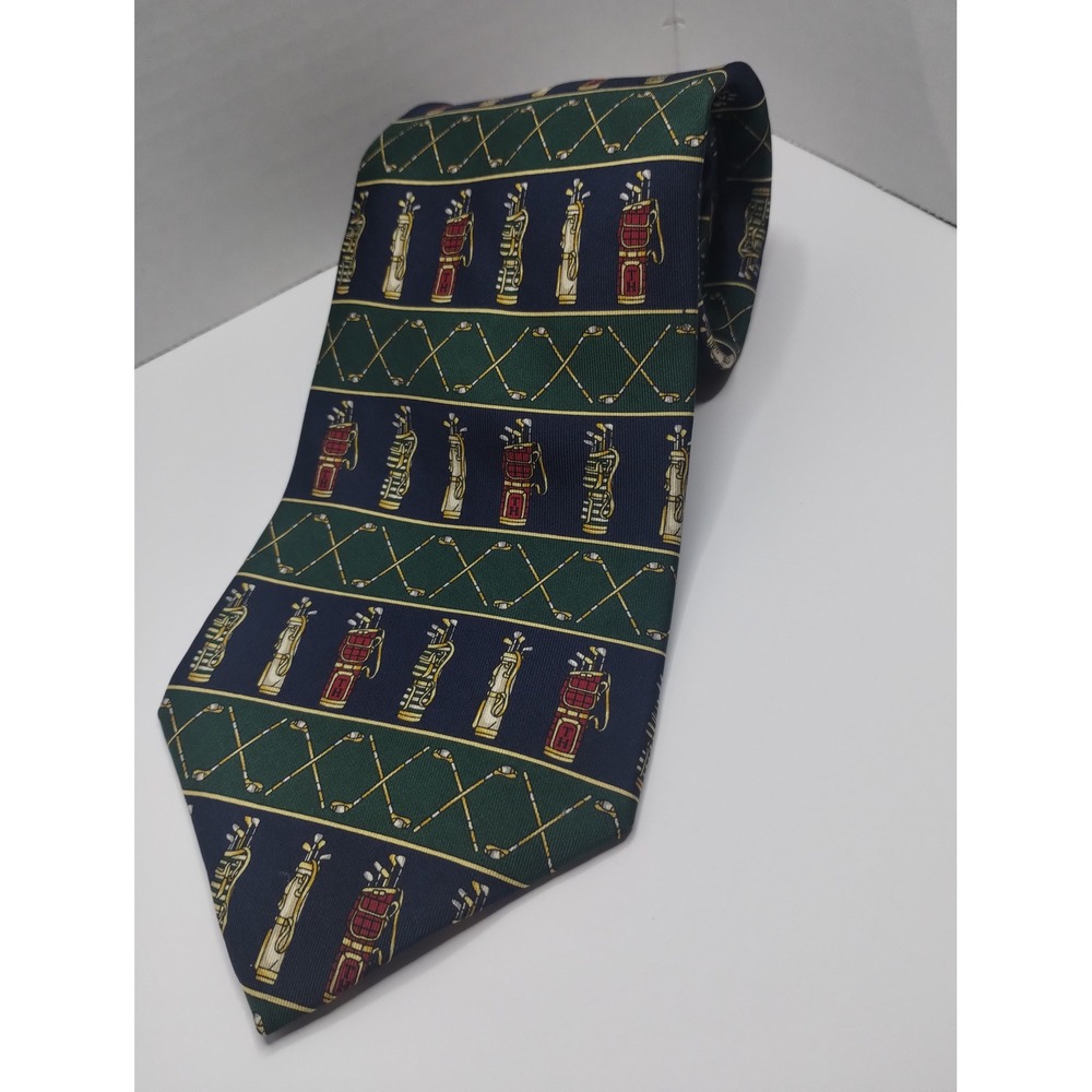 Alynn Silk Necktie Navy Blue Green Golf Bags Clubs Sports Classic Tie